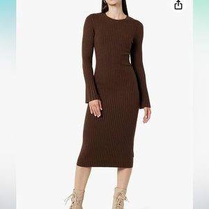 NWT The Drop brown long bell sleeve ribbed  sweat midi dress size L.